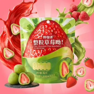 Produktbild von Matcha-Schokoladen-Erdbeeren Gefriergetrocknete Erdbeeren mit Matcha-Schokoladenüberzug 32g + Heartforcards Versandschutz, KI-generiertes Bild