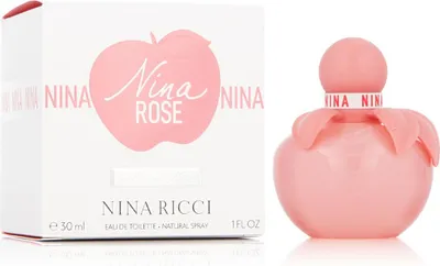 A product shot of Nina Ricci Nina Rose Eau de Toilette for women, with the product box on the left and the perfume bottle on the right.