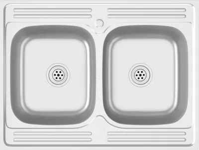 A top-down view of a double stainless steel sink with drains.