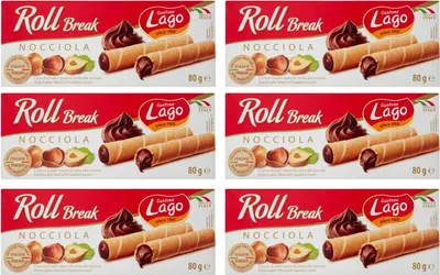 Produktbild von 6x Gastone Lago Roll Break Nocciola Waffelpad Wafer gefüllt mit Haselnusscreme 80g