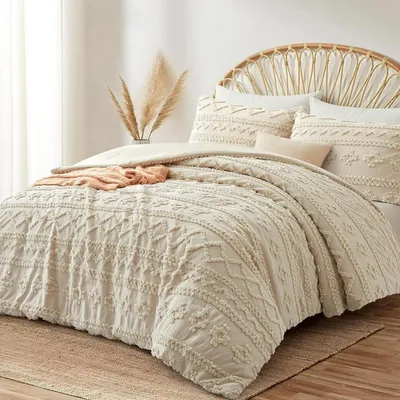Zdjęcie produktu dla Komplet pościeli, 200x220 cm, beżowy, wzór: etniczny, geometryczny, pasy. Zawiera: 1 prześcieradło i 2 poszewki na poduszki