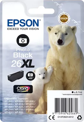 Zdjęcie produktu dla Epson Polar bear Singlepack Photo Black 26XL Claria Premium Ink, Wysoka (XL) wydajność, Czarny fotograficzny, Atrament barwnikowy, 8,7 ml, 1 szt., 400 stron(y)