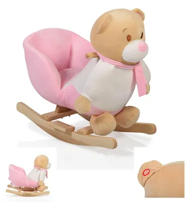 Image de Ours à bascule en peluche rose WJ-635 avec poignées en bois dès 12 mois