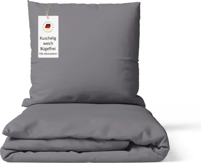 Produktbild von Bettwäsche 135x200 cm Grau 2-teilig einfarbig Bettbezug mit Kissenbezug 80x80 cm – bügelfrei & hautfreundlich