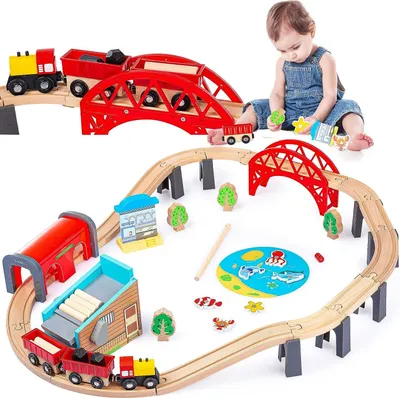 Produktbild von Holzeisenbahn Set für Kinder - Eisenbahn Kinder, Spielzeug Zug, 48 Teilen, 213 cm lang, Holzzug, Eisenbahn Holz, Kinderplay Green Series GS6151