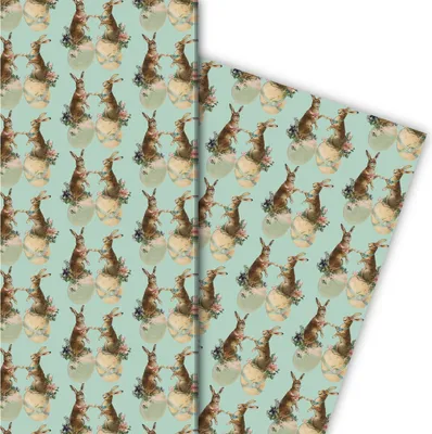 Produktbild von Romantisches Vintage Oster Geschenkpapier mit Retro Hasen, hellblau - G7248, 32 x 48cm