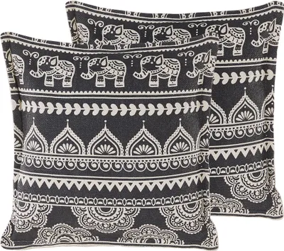 Produktbild von BELIANI Dekokissen 2er Set Schwarz / Weiß Baumwolle mit Polyester-Füllung 45x45 cm orientalisch Elefantenmotiv Accessories Wohn- u. Schlafzimmer Flur