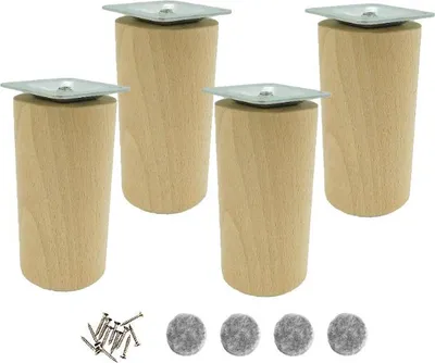 Produktbild von 4x Möbelfuß Buche, zylindrisch Ø60 mm, roh, 12 cm – M8 Gewindestift + 58×58 mm Montageplatten & Filzgleiter | DIY