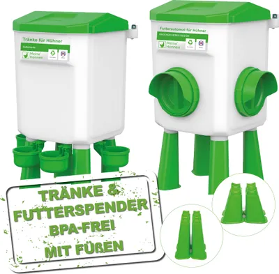 Produktbild von MeineHennen Futterautomat 4Kg & Wasserspender 8L - kurze/lange Füße  - hygienischer Futterspender und Geflügeltränke/Tränke im Set - abnehmbare Füße - BPA-Frei