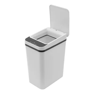 A white automatic trash can with its lid open, shown from a slightly elevated side angle against a white background.