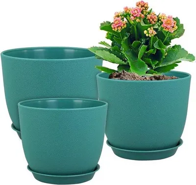 Immagine prodotto di Moderno set di 3 contenitori decorativi per piante in plastica da 10/9/8 pollici verde-blu - per piante da interno ed esterno con fori di drenaggio e sottovaso