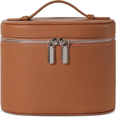 Produktbild von Damen-Kosmetiktasche – Leder-Kosmetiktasche für Reisen – Hartschalen-Kosmetiktasche mit Fächern und Tragegriff – Braun – Größe 19,2 cm x 14 cm x 15,2 cm – Mi