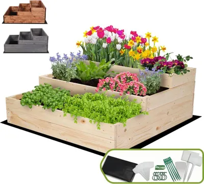 Produktbild von MODO24 Hochbeet Holz, Pflanzkasten, Massivholz, Kiefer, Kräuterbeet, Blumenkasten, Garten, Terrasse, 36x90x93 cm, Natur, ZP07