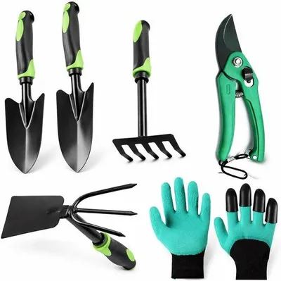Produktbild von Gartengeräte-Set, 6-teilig – mit Rosenschere und Handschuhen mit Krallen – Pflanzschaufel und Harke