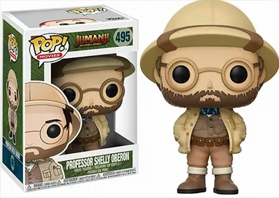 A Funko Pop! vinyl figure of Professor Shelly Oberon from Jumanji, shown both in its packaging and outside of it.