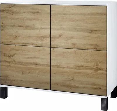 Produktbild von Vladon Kommode Rova V3, Moderner Küchenschrank mit 4 Push-to-Open Türen Weiß matt / Eiche Wotan (92,5 x 84.5 x 35)