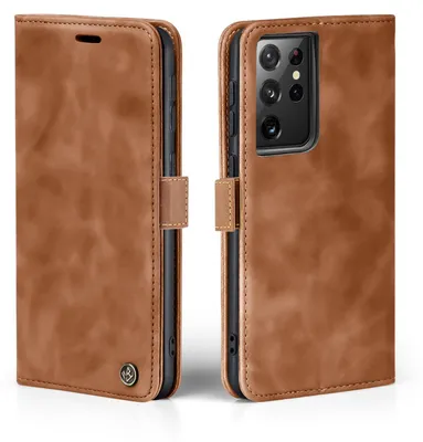 A brown leather flip case for a Samsung Galaxy S21 Ultra 5G phone is shown from two angles.