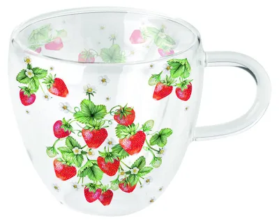 Produktbild von Doppelwandiger Glasbecher - mit Henkel - Bunch of strawberries