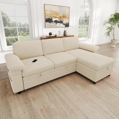 Produktbild von STILVORA Ecksofa mit ausziehbarer Schlaffunktion, Schlafsofa mit Stauraum-Ottomane und USB/Type-C, Wohnlandschaft mit wechselbarer Ottomane und Seitentasche, Cordstoff