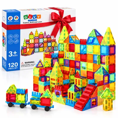 Produktbild von Olvy Magnetische Bausteine 120 Teile – Montessori Magnetspielzeug für Kinder ab 3 Jahre, kompatibel mit Magna Tiles & Magnetic Tiles, Magnetbausteine