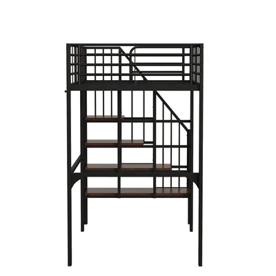 Produktbild von Flieks Hochbett 90x200cm mit Treppe, Etagenbett Kinderbett mit Rausfallschutz, Stockbett Metallbett mit Lattenrost, Einzelbett Kinder, Schwarz