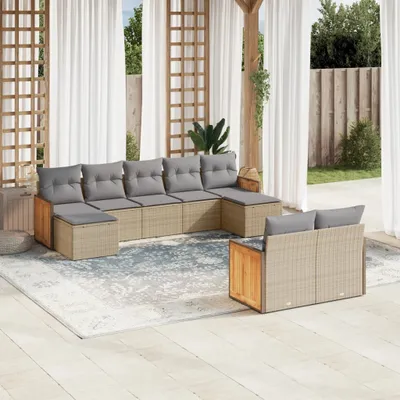 Produktbild von Design 9-tlg. Garten-Sofagarnitur mit Kissen Beige Poly Rattan, Gartenmöbel-Sets 2024 Neu