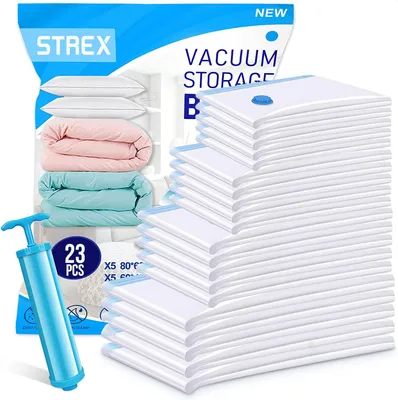 Produktbild von Strex Vakuumbeutel Steppdecken & Kleidung - 23 Stück / 4 Größen - Reisebeutel / Vakuumbeutel - Inkl. Handpumpe