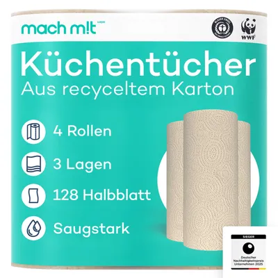 Produktbild von 4 x Küchenrolle 3-lagig - 128 Halbblatt pro Rolle – frei von Bleichmitteln – Germany - aus recyceltem Karton