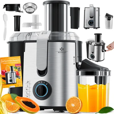Produktbild von KESSER® Entsafter für Obst und Gemüse aus Edelstahl 1100W große 85 mm Einfüllöffnung inkl. Reinigungsbürste und Saftbehälter 3 Geschwindigkeitsstufen, Saftpresse Juicer, Silber / Silber