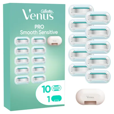 Immagine prodotto di Lame Gillette Venus Pro Smooth Sensitive da donna, 10 lame di ricambio originali per rasoi da donna, rasoi a umido da donna per pelli sensibili — Incl. cappuccio da viaggio 10 lame + cappuccio