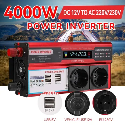 Productafbeelding van 4000W omvormer, DC 12V naar AC 220V/230V, met transformator, 4 USB-poorten, EU-stopcontacten en LED-display voor opladen