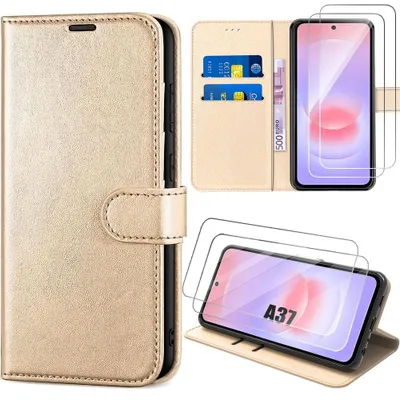 Image de Coque + 2 Verres Trempés pour Samsung Galaxy A37 5G, Protection Anti-Rayures Synthécuir Doré