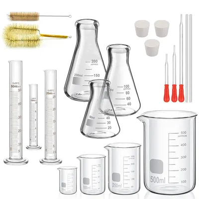 Produktbild von Erlenmeyer Set 10-teilig - Messzylinder 10/25/50 ml - Laboratoriumglas - Borosilikatglas - Hitzebeständig bis 800 °C - Chemisch beständig - Laboratoriumset