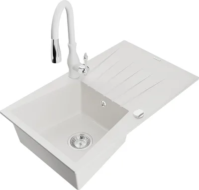 Image de Mexen Evier en granit Cesar 1 bac avec égouttoir et mitigeur Savita, blanc - 6514-20-672601-20