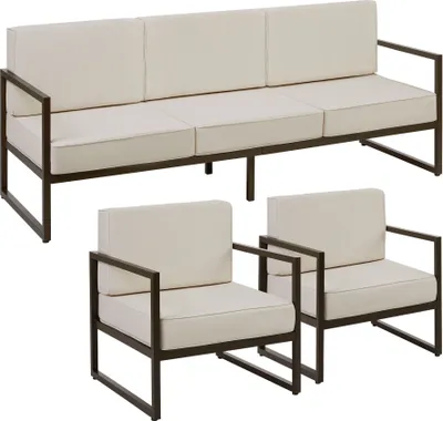 A sofa and two armchairs from a garden lounge set, displayed against a white background.