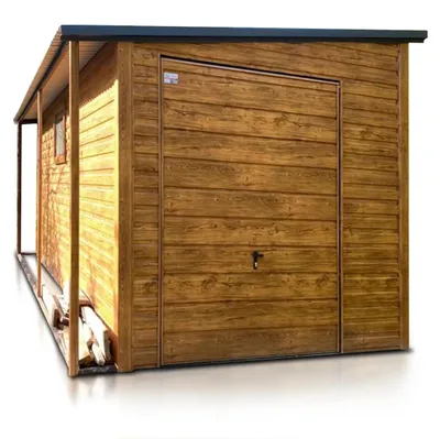 Produktbild von Fertiggarage aus Blech 2.5x5m Holzoptik Pultdach Schwingtor