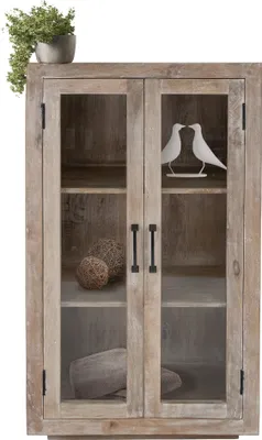 Produktbild von WOMO-DESIGN Vitrine Mailand Shabby Chic, 71x110x37 cm, Weiß-Natur Mangoholz, Massivholz Glasvitrine mit 2 Türen / 3 Ebenen, Sammelvitrine Vintage Stil