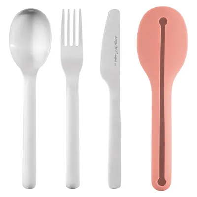 A set of travel cutlery including a spoon, fork, knife, and a pink holder.