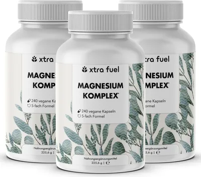 Produktbild von Magnesium Komplex* - 5‑fach Formel mit 400mg elementarem Magnesium – 3x Dosen (720 Magnesium Kapseln)
