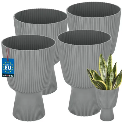 Produktbild von KOTARBAU® 4er Set Blumentopf ⌀ 18cm Orchideentopf Übertopf für Zimmerpflanzen Pflanzentopf mit Sockel Geriffelt Kelchform Kunststoff Pflanzkübel Grau