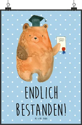 Produktbild von Mr. & Mrs. Panda Bild Bär Prüfung DIN A0 - Blau Pastell - Geschenk, drucke, Zeugnis, Abschlusszeugnis, Teddy, Abschluss, Bestanden, Abitur, Plakat, Wandbild, Prüfungen
