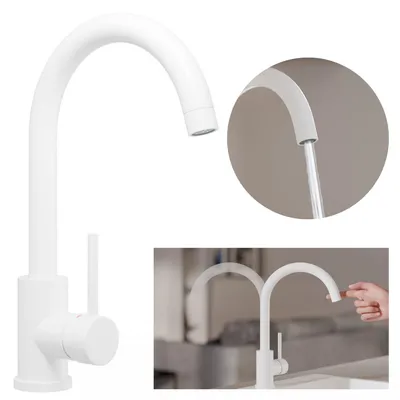 A collage of images showing a white kitchen faucet, including a close-up of water flowing and a hand interacting with a sensor.