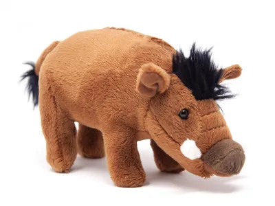 A plush toy warthog is shown against a white background.