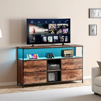 Zdjęcie produktu dla Podstawa pod telewizor LED 108 cm, blat z efektem drewna tygrysiego, 4 szuflady z tkaniny w stylu vintage, solidna metalowa rama, regulowane nóżki, styl retro-nowoczesny