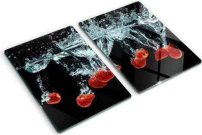Produktbild von Tulup Glas Herdabdeckplatte - 2x40x52 cm - Glaskeramikkochfeld-Abdeckung Spritzschutz Glasabdeckplatte Kochplattenabdeckung und Schneidebrett - Zweiteilig - Essen & Getränke - Erdbeeren Wasser - Rot
