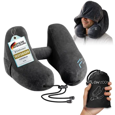 Produktbild von FLOWZOOM AIR Aufblasbares Reise-Nackenkissen mit Kapuze, Größe L, Schwarz