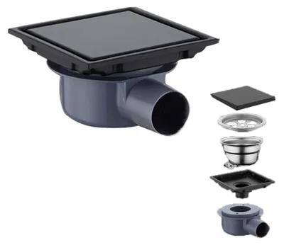 Produktbild von Quadratischer Duschabfluss 15 x 15 cm, Schwarz mit 360° Siphon und Haarfilter