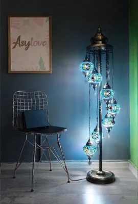 Obrázek produktu pro Ručně vyrobená turecká stojací lampa se 7 barevnými skleněnými koulemi – orientální mozaiková stojací lampa v modré barvě