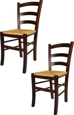 Image de t m c s Tommychairs - Lot de 2 chaises VENEZIA pour la cuisine et la salle à manger, structure robuste en bois de hêtre laqué dans le ton brun noyer foncé et assise en paille