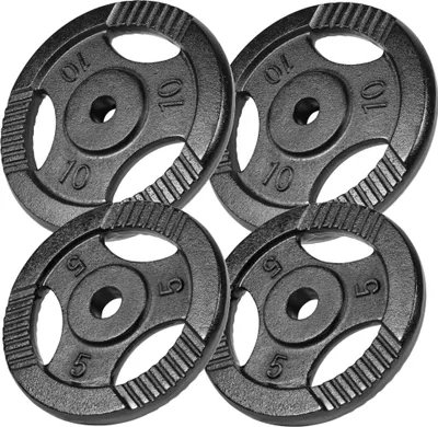 Produktbild von GORILLA SPORTS® Hantelscheiben - 30kg Set (2x5 + 2x10 kg) Gewichte, Tri-grip, 30mm Bohrung, Gusseisen, Schwarz - Gewichtsscheiben, Hantelscheiben-Set, Hanteln Set